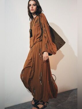 Zara Long Sleeve Boho Maxi Flowy Embroidered  Dress in Rust